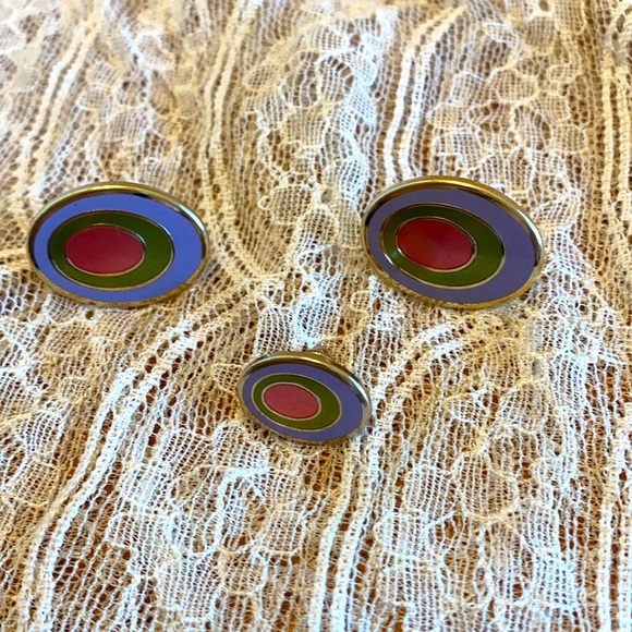 Vintage oval enamel & gold modernist design lavender, pink & green cuff link set - Picture 2 of 6